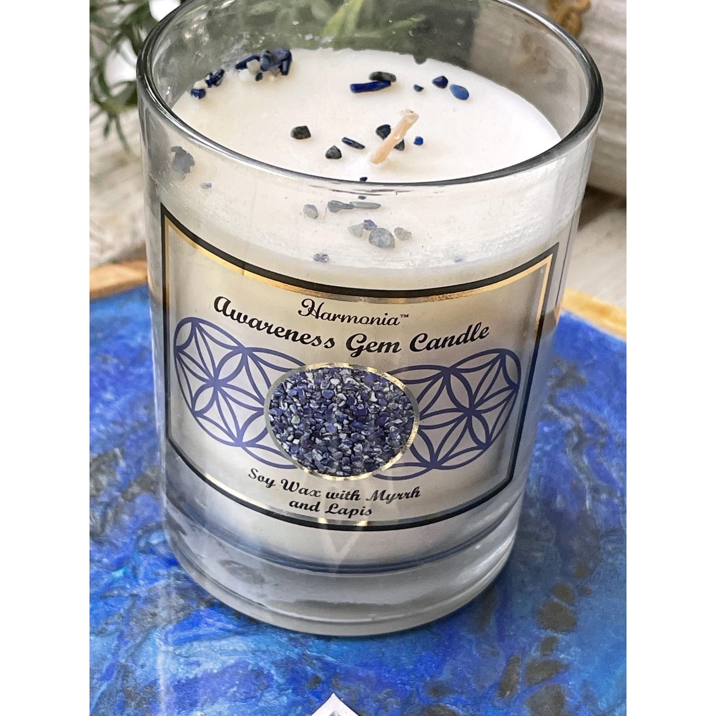 Hand Painted Blue Lotus Tray with Soy Candle Set | Meditation Decor | Acrylic Pour Art | Spiritual Home Decor | One of a Kind Gift