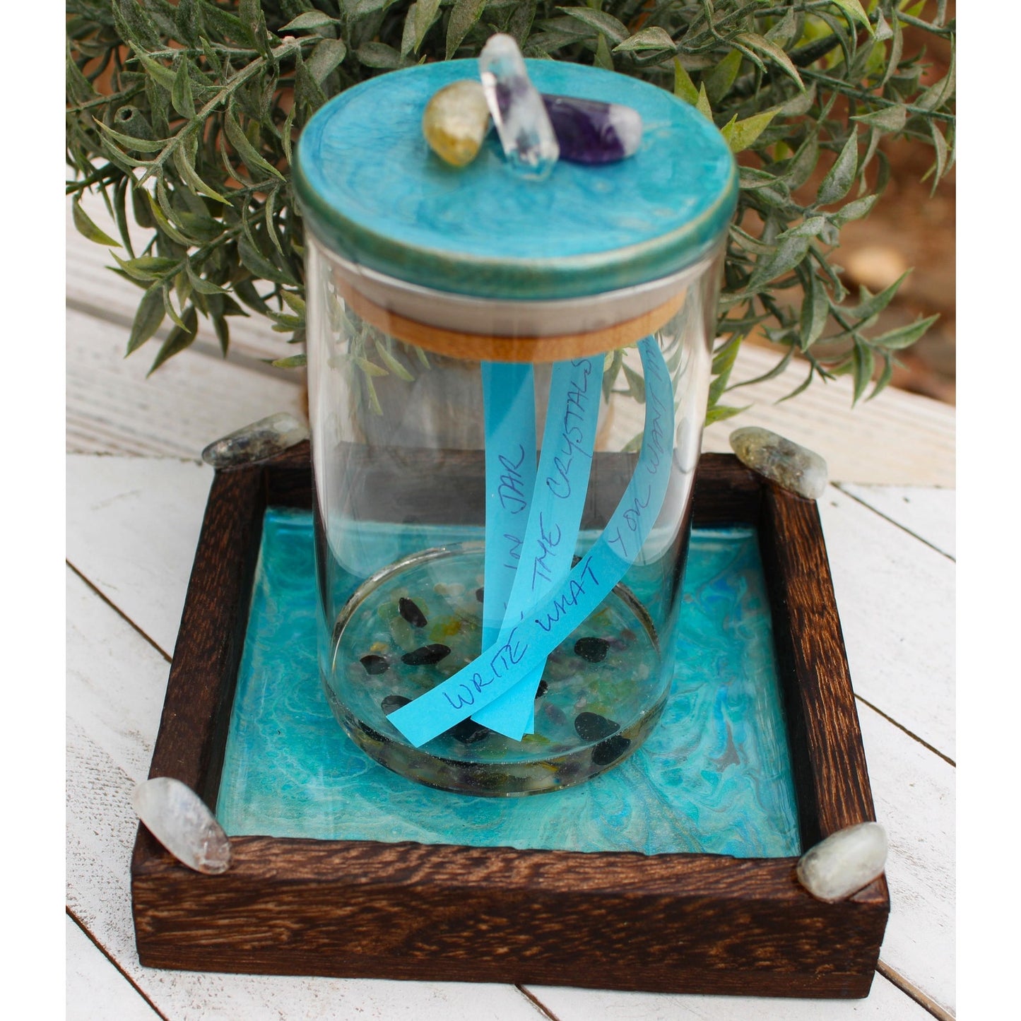 Manifestation Prayer Jar Set with Citrine, Amethyst & Clear Quartz – Hand Painted Tray – Crystal Intention Jar Spiritual Gift Energy Ritual