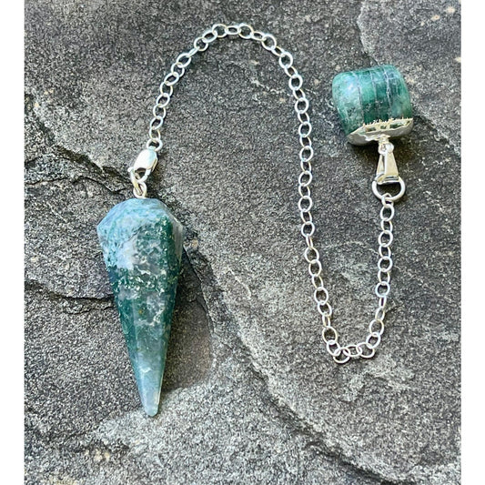 Moss Agate & Raw Emerald Sterling Silver Pendulum