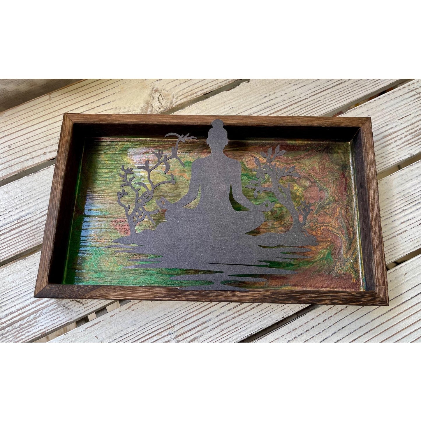 Meditation Wall Art Wood Frame – Zen Buddha Silhouette – Resin Art Spiritual Decor – Green & Earth Tone Wall Hanging – Handmade Boho Decor
