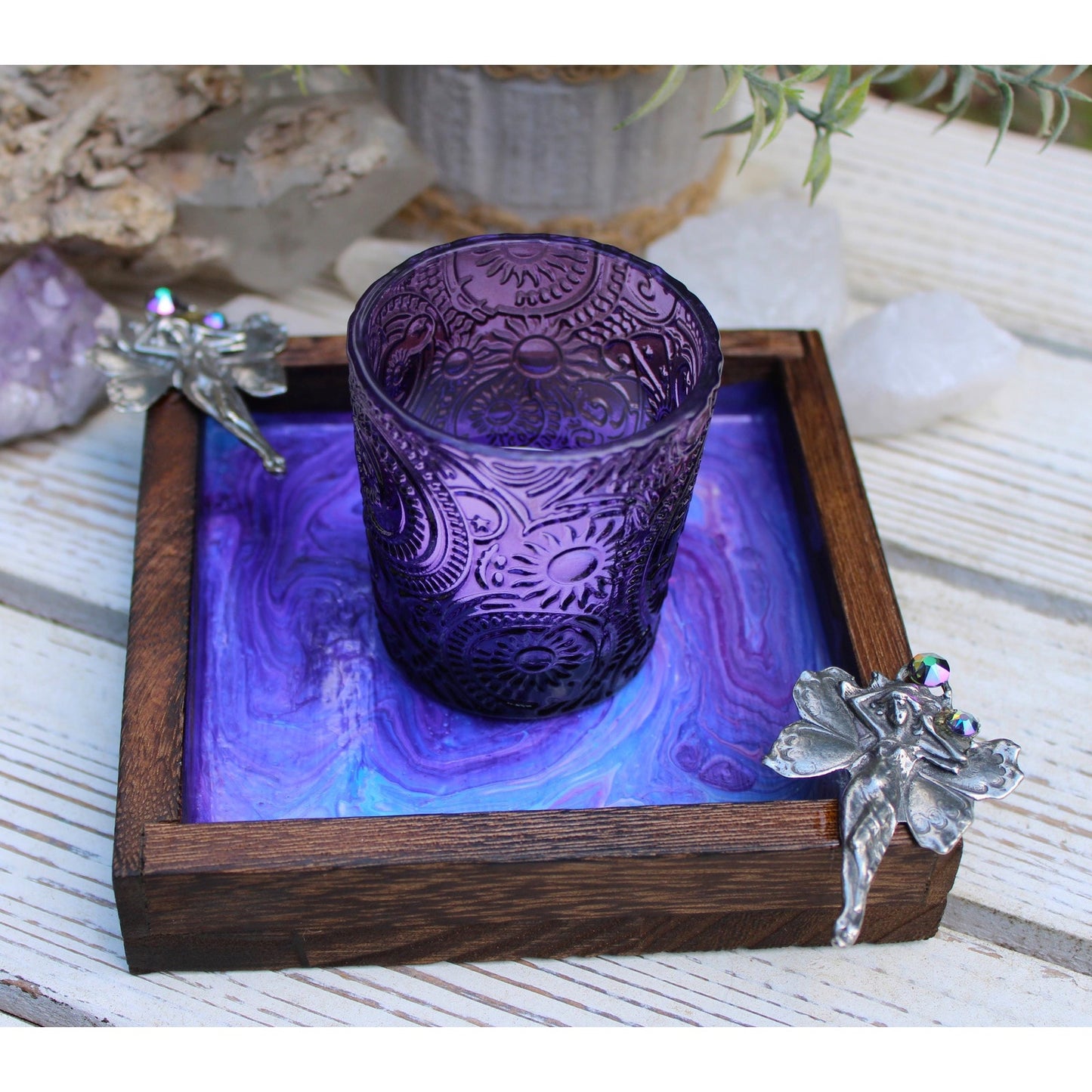 Hand Painted Wood Fairy Candle Holder with Glass Votive