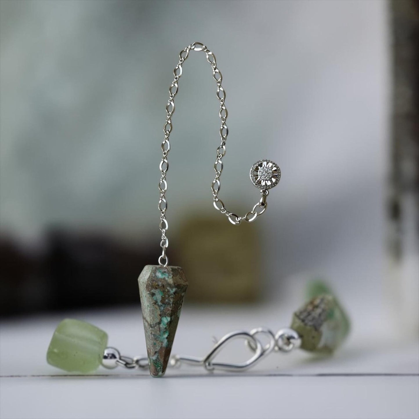 Luxury Sterling Silver Chrysocolla Pendulum with Genuine Diamond Accent