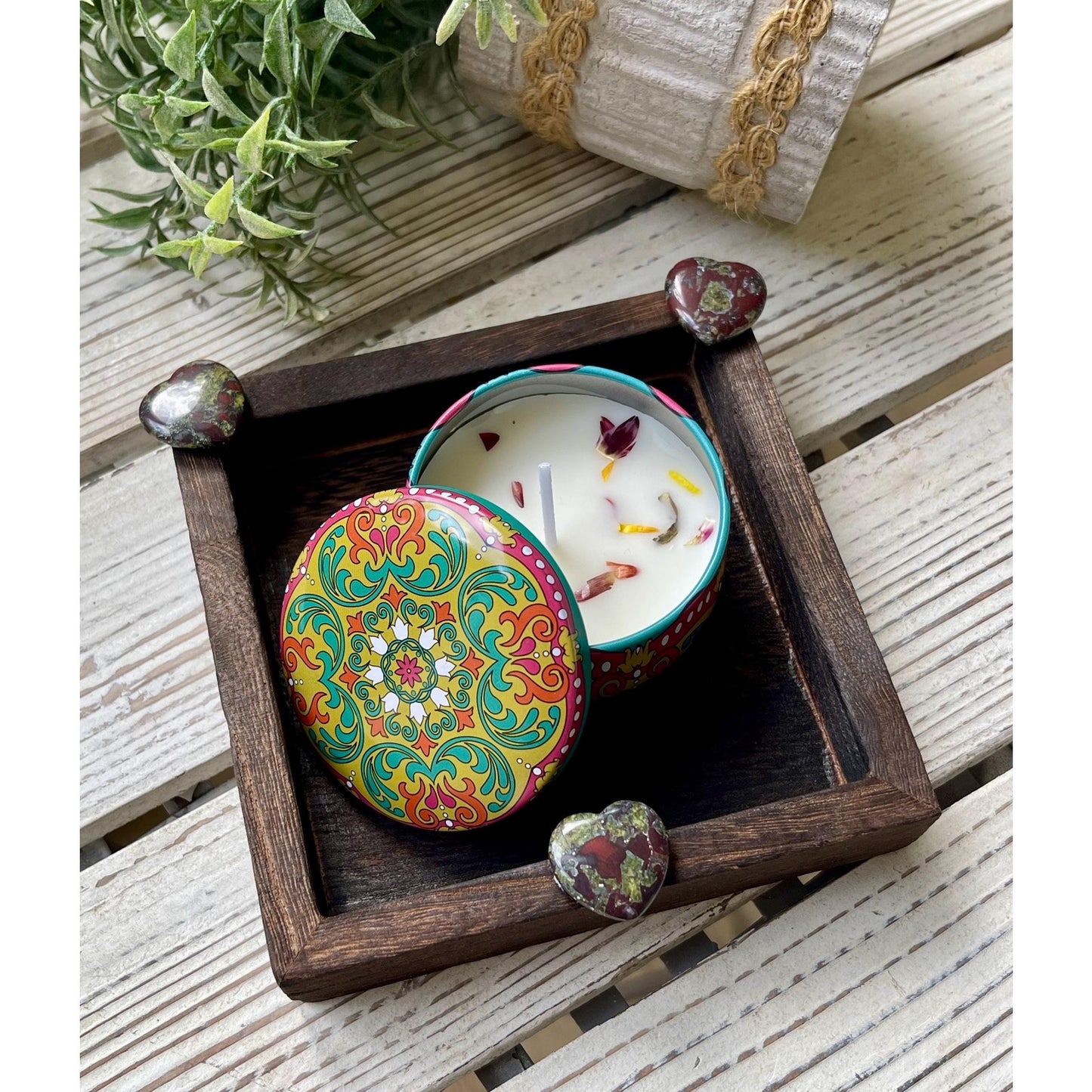 Bloodstone Heart Gift Set | Mini Tray with Soy Candle & Dried Flowers | Crystal Decor | Grounding Strength Gift | Spiritual Home Decor