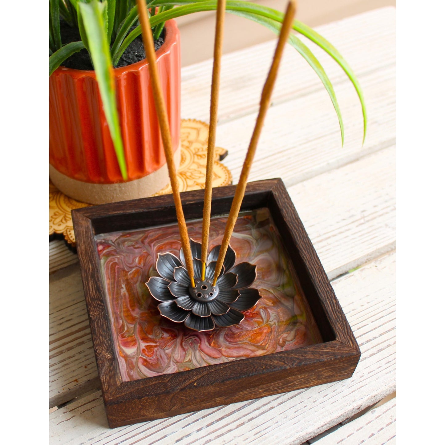 Lotus Incense Holder • Hand Painted Resin Art Tray •