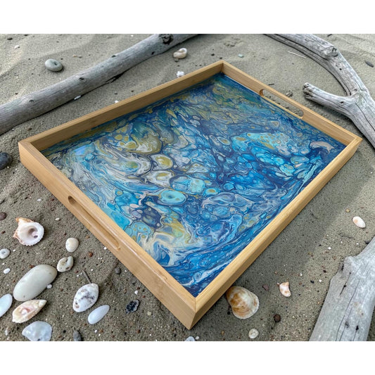 Abyssal Tide Resin Art Serving Tray – Ocean Inspired Acrylic Pour Tray – Bamboo Wood Handle Tray – Coastal Decor – Handmade Functional Art
