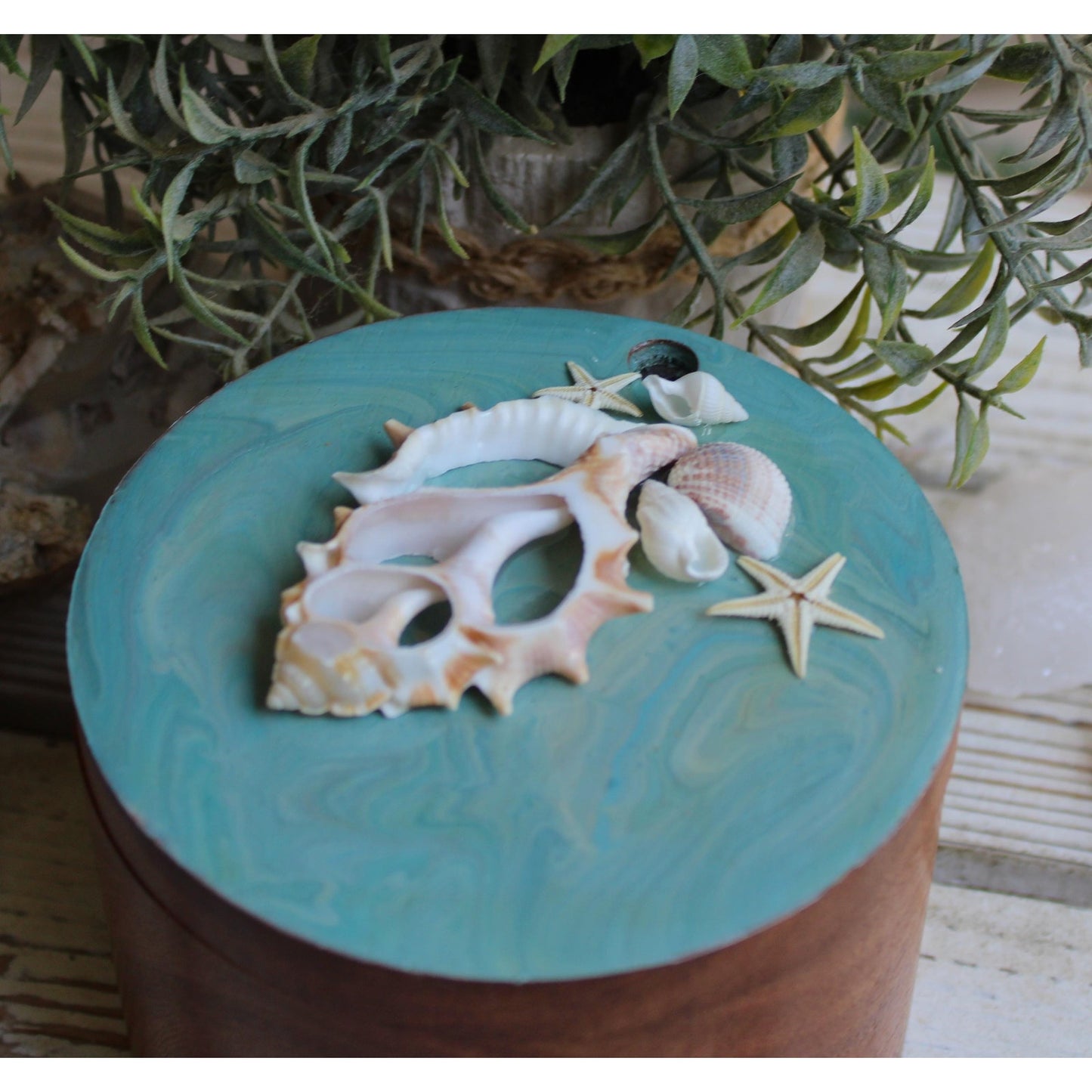 Stash Box, Jewelry Box, Keepsake Box, Hand Painted Box Shells Beach 4" x 4 x 3"