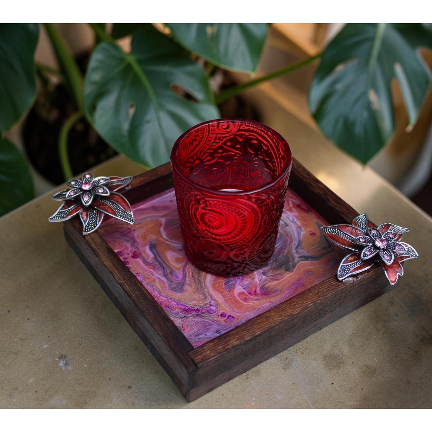 Hand Painted Floral Wood Candle Holder with Glass Votive