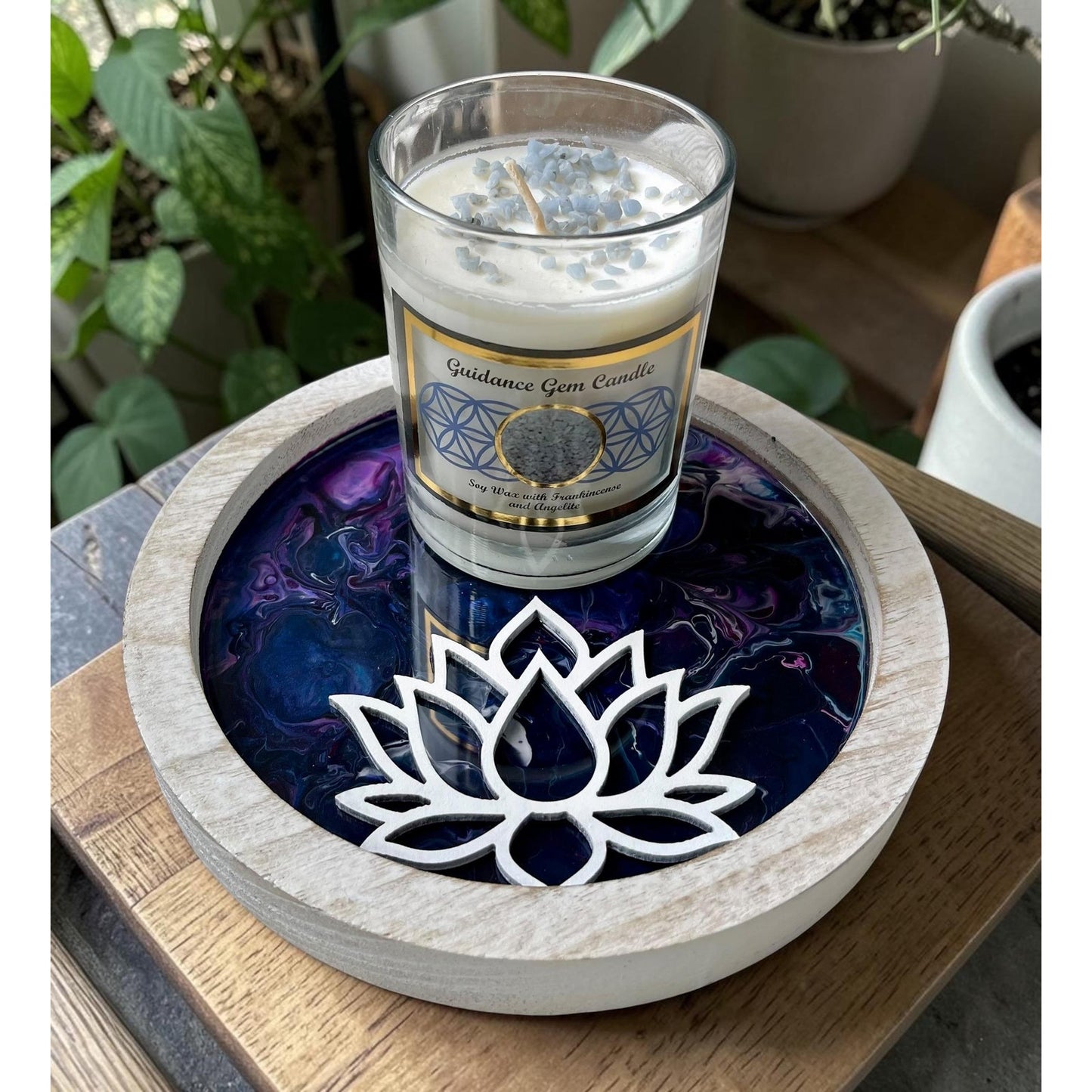 Hand Painted Resin Lotus Tray with Frankincense Candle – Angelite Crystal Candle – Spiritual Altar Decor – 8” Round Meditation Tray