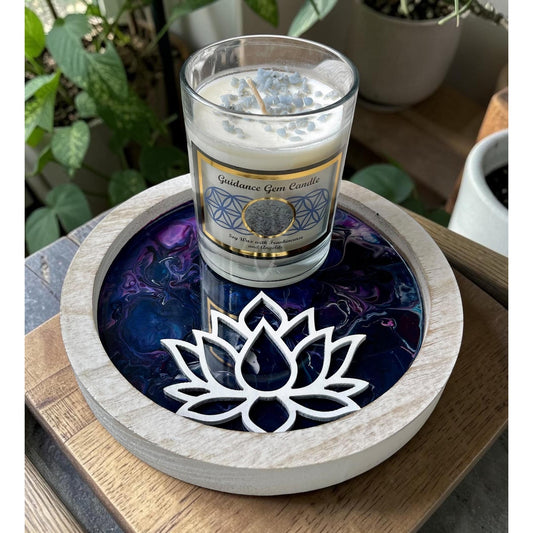 Hand Painted Resin Lotus Tray with Frankincense Candle – Angelite Crystal Candle – Spiritual Altar Decor – 8” Round Meditation Tray