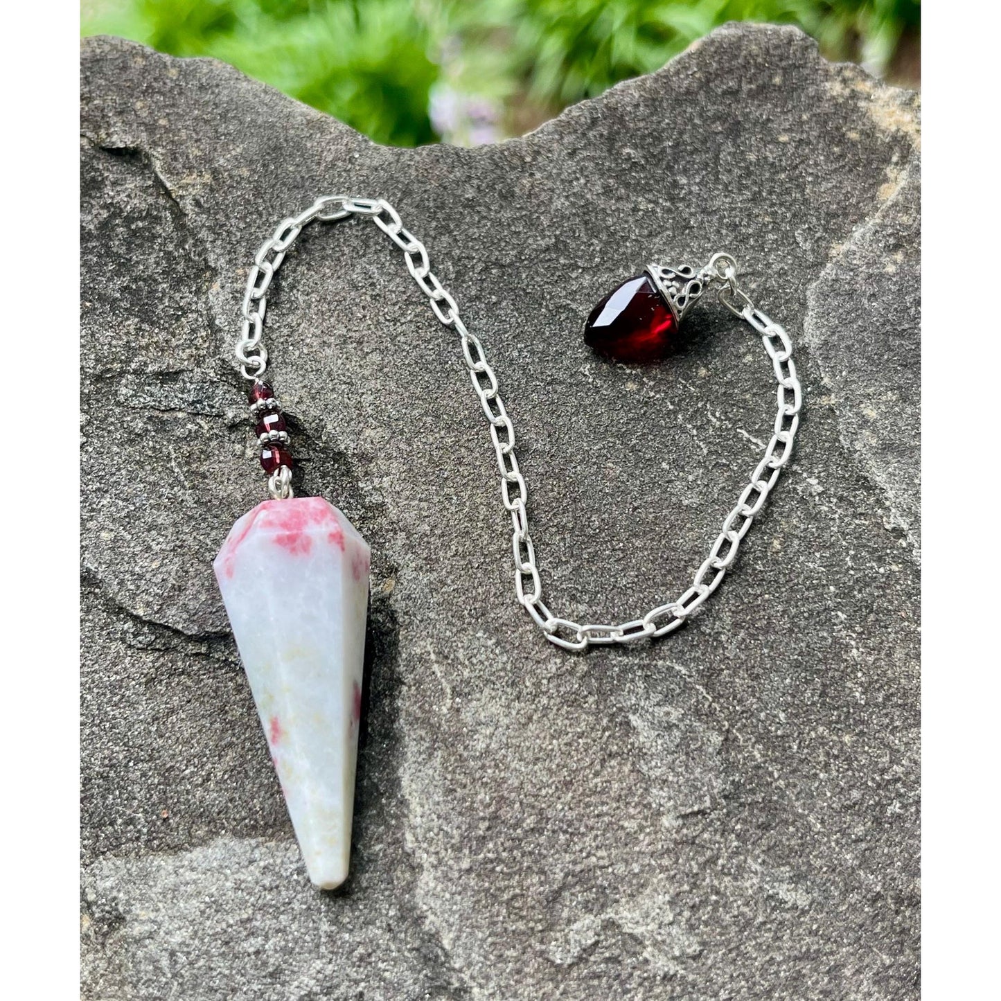 Luxury Cinnabrite Pendulum with Genuine Garnet Handle | Heavy Precious Metal Sterling Silver Chain | Handmade Crystal Pendulum
