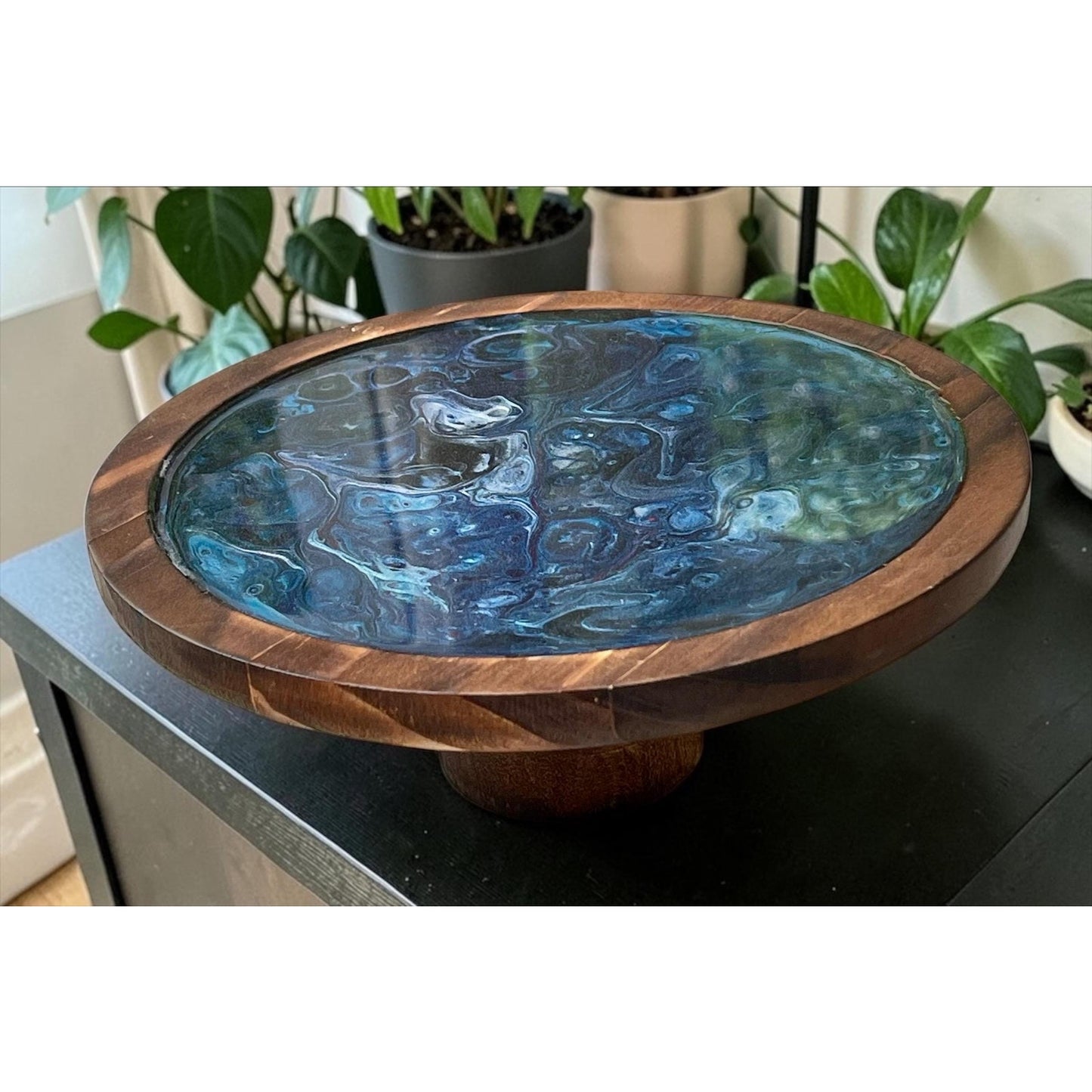 Midnight Tide Lunar Vein Pedestal Tray | Resin Fluid Art Decor | Celestial Blue Wood Stand | Handmade Altar Tray | Moody Ocean Inspired Art