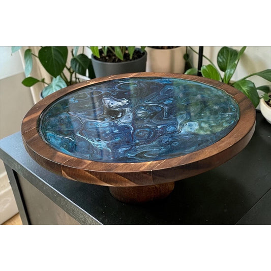Midnight Tide Lunar Vein Pedestal Tray | Resin Fluid Art Decor | Celestial Blue Wood Stand | Handmade Altar Tray | Moody Ocean Inspired Art