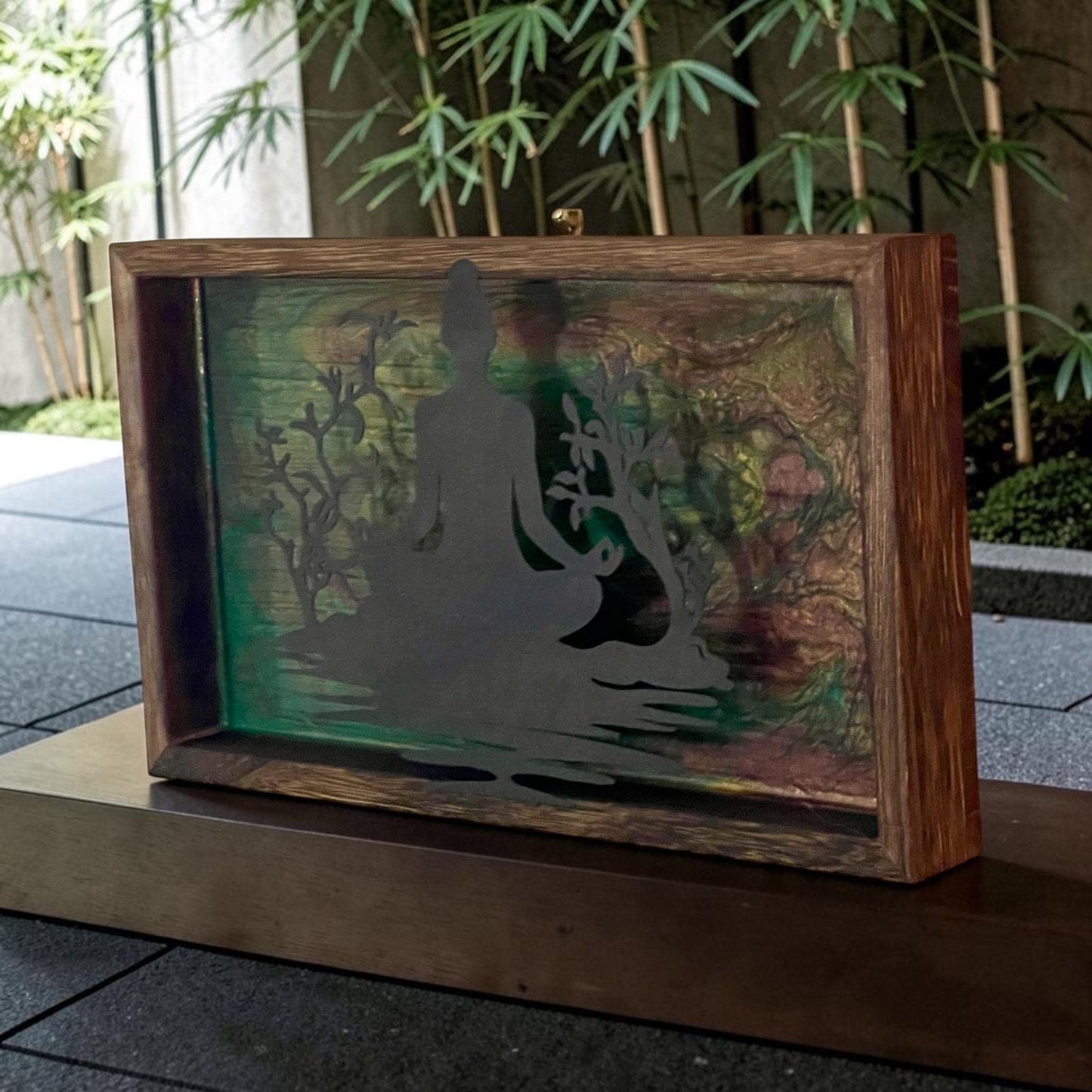 Meditation Wall Art Wood Frame – Zen Buddha Silhouette – Resin Art Spiritual Decor – Green & Earth Tone Wall Hanging – Handmade Boho Decor