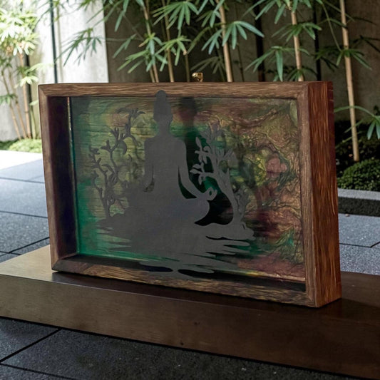 Meditation Wall Art Wood Frame – Zen Buddha Silhouette – Resin Art Spiritual Decor – Green & Earth Tone Wall Hanging – Handmade Boho Decor