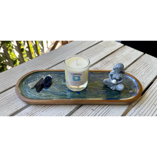 Hand Painted Cleansing Ritual Tray Set – Soy Candle, Goddess Statue/Healing Crystals – Selenite, Black Kyanite & Blue Druzy – Spiritual
