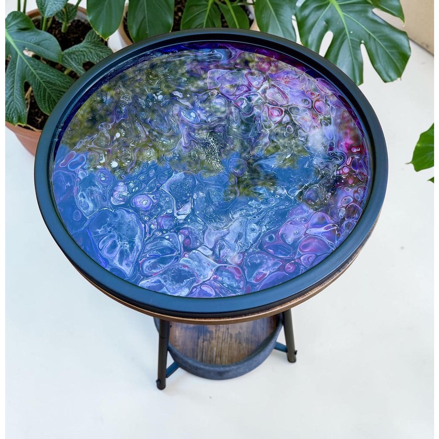 Crushed Merlot Resin Art Accent Table – 26” Tall Handmade Side Table with Shelf & Storage – Acrylic Pour Furniture –Functional Art Statement