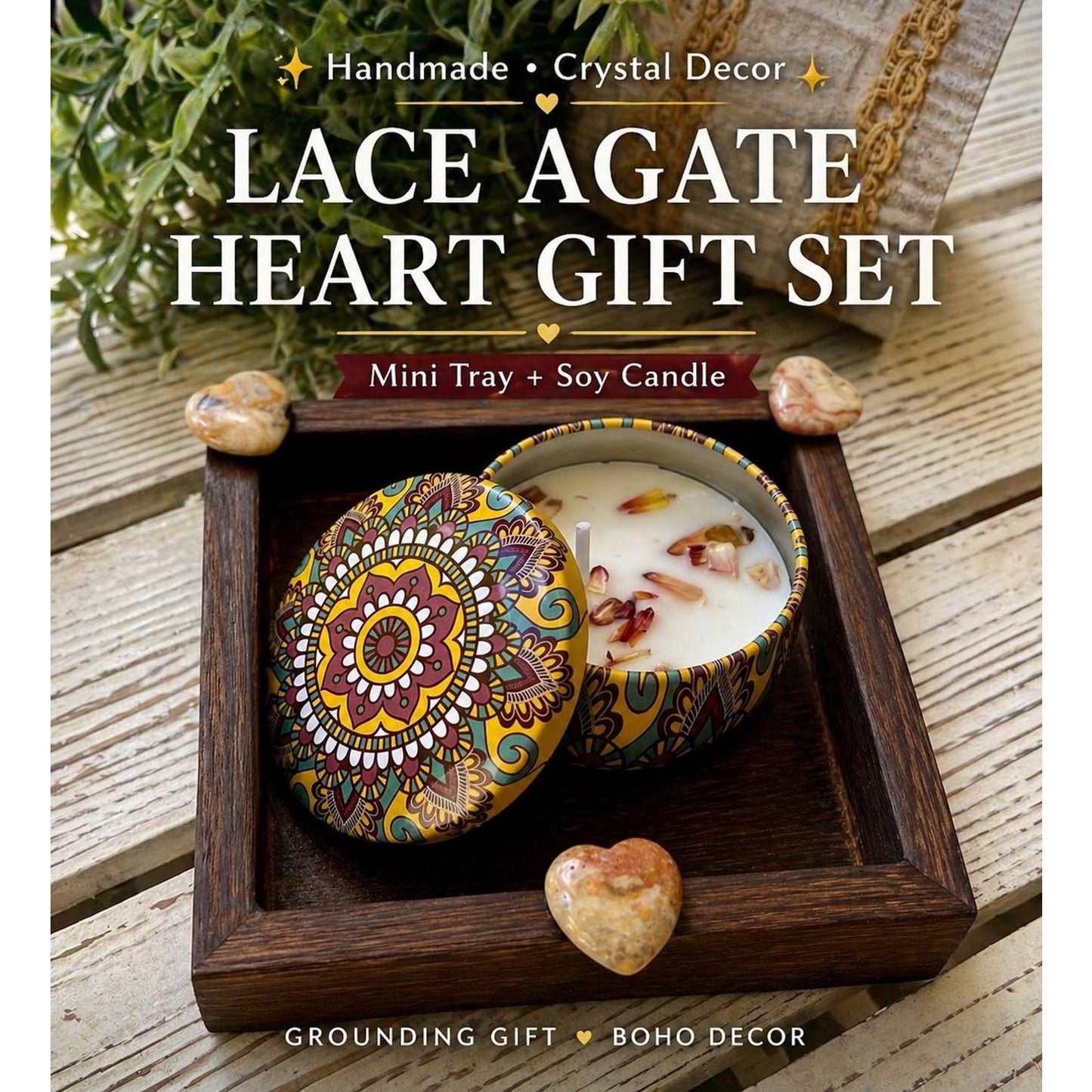 Lace Agate Heart Gift Set | Mini Tray with Soy Candle & Dried Flowers |