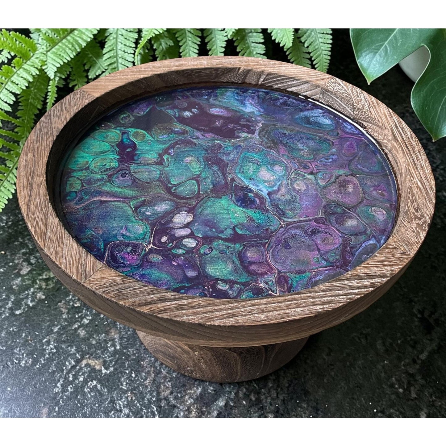 Moonstone Abyss Collection Pedestal Tray – Hand Painted Resin Art Bowl  –