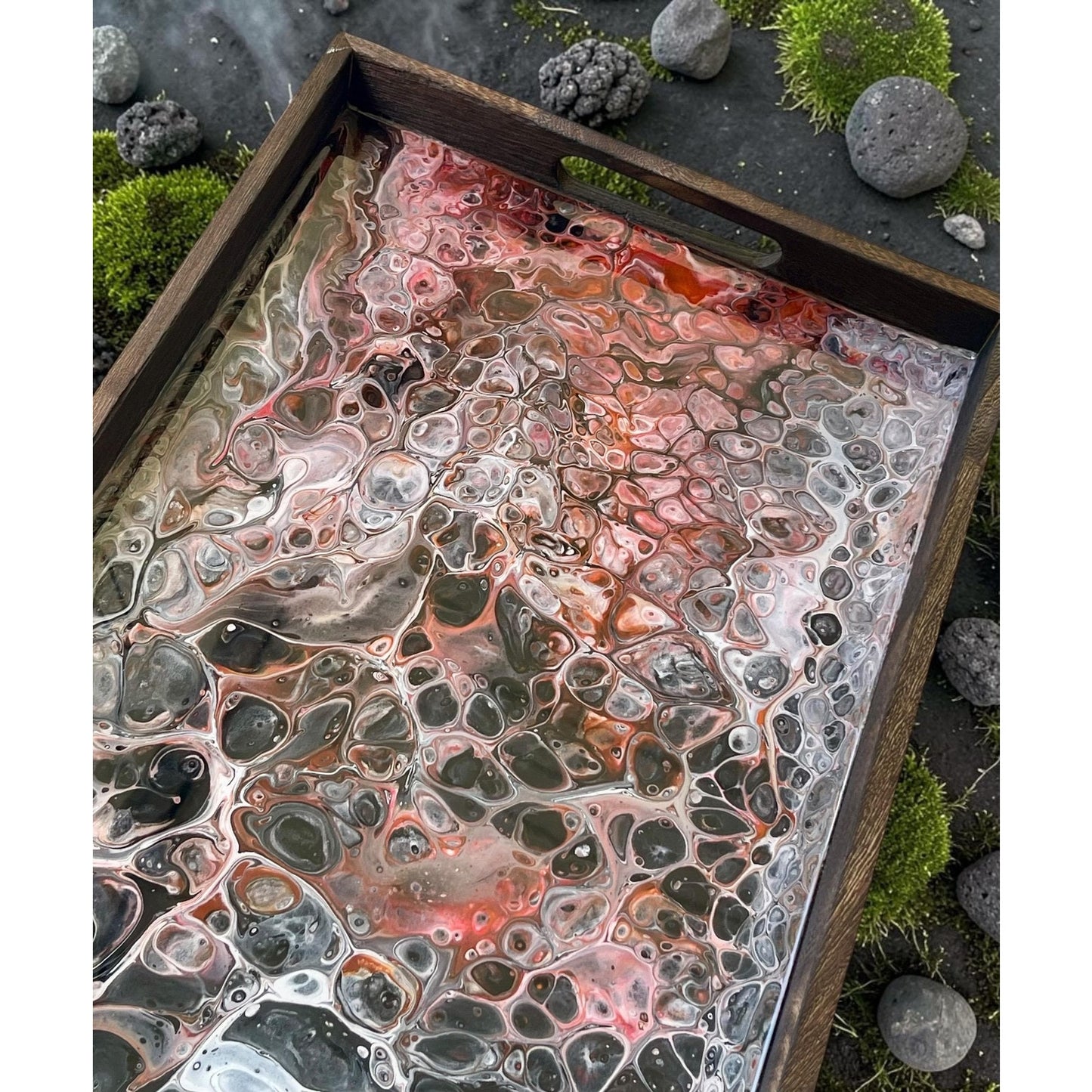 Obsidian Fire Molten Vein Tray – Handmade Resin Art Serving Tray – 18” x 12” Wood Tray – Lava Inspired Acrylic Pour Decor – Gothic Modern