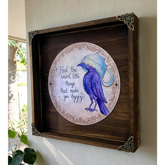 Whimsical Bird Wall Art | Cottagecore Decor | Purple Bird with Teacup | Inspirational Quote Sign | Handmade Framed Wall Hanging |Unique Gift