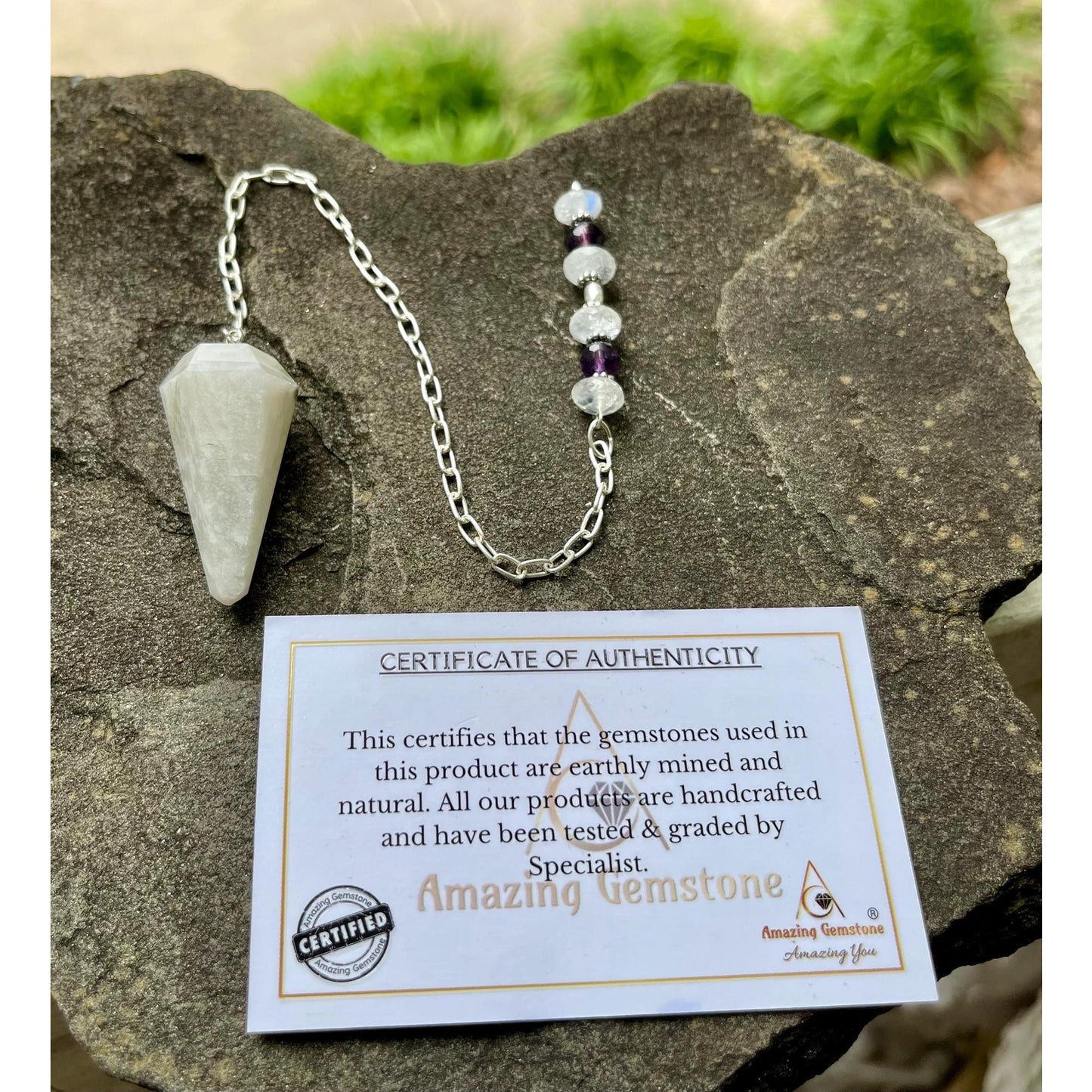 Luxury Moonstone Pendulum | Heavy Sterling Silver Chain | Moonstone & Amethyst | Handcrafted Crystal Divination Tool | Includes Certificate