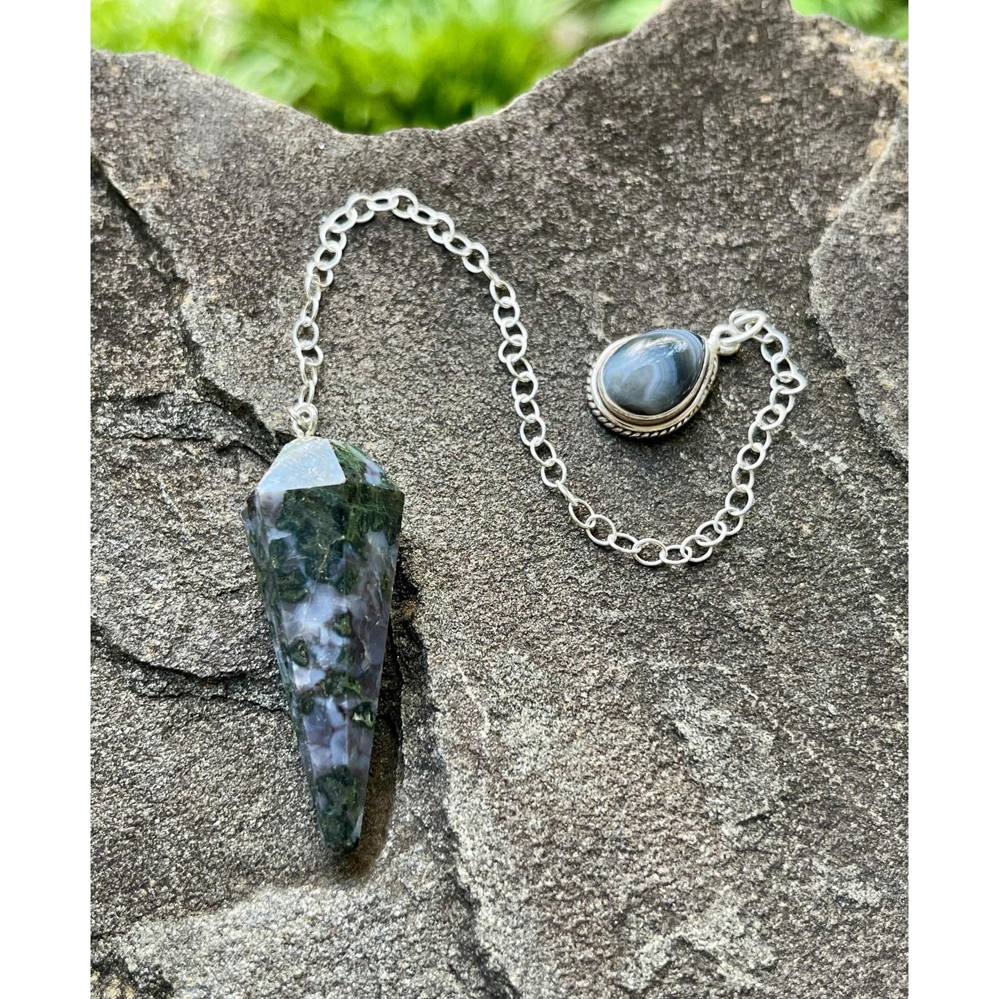 Indigo Gabbro & Banded Black Onyx Luxury Pendulum | Sterling Silver Chain | Mystic Merlinite Divination Tool