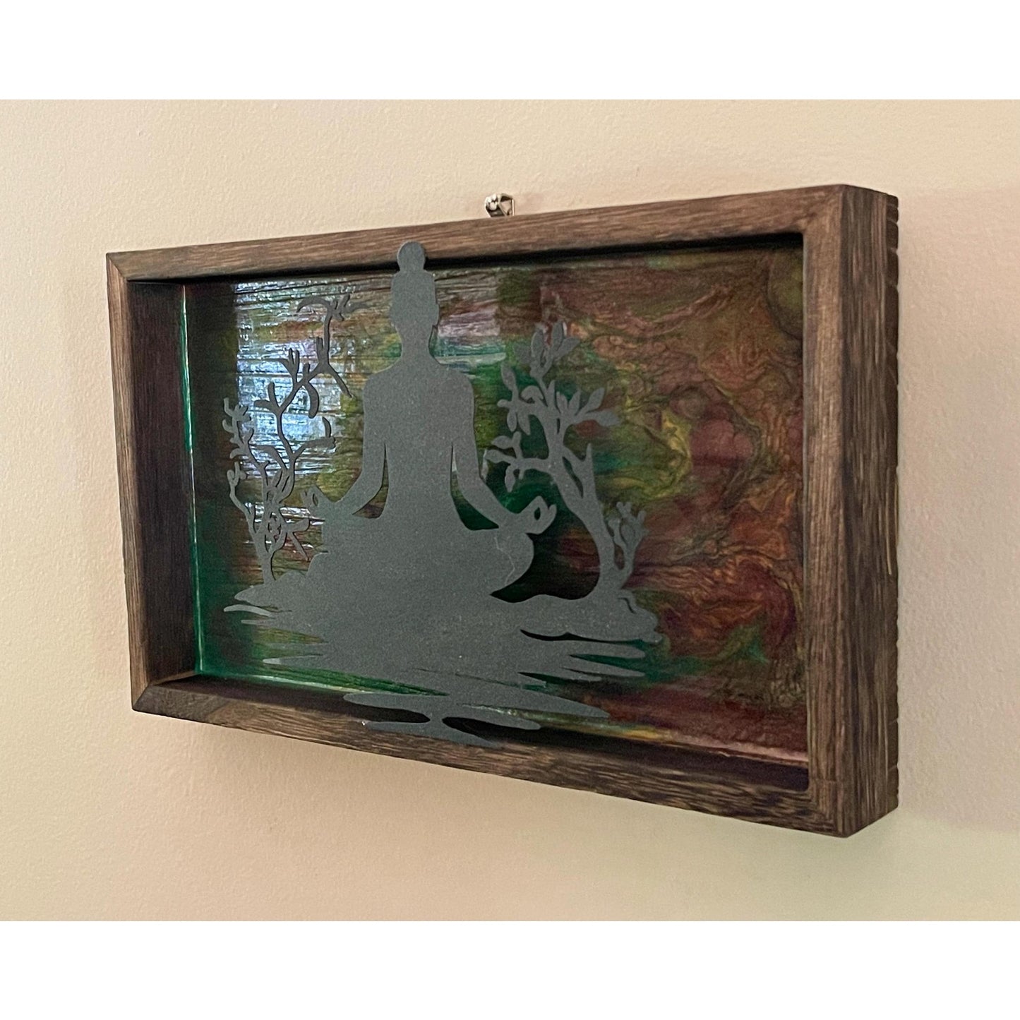 Meditation Wall Art Wood Frame – Zen Buddha Silhouette – Resin Art Spiritual Decor – Green & Earth Tone Wall Hanging – Handmade Boho Decor