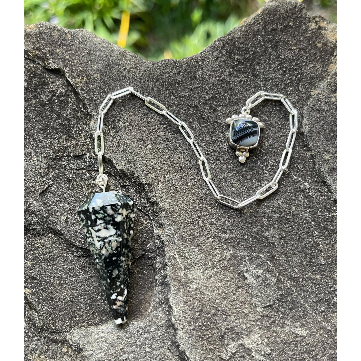 Black Zebra Jasper Pendulum with Banded Black Agate Handle | Sterling Silver Chain | Luxury Crystal Pendulum | Divination Tool One of a Kind