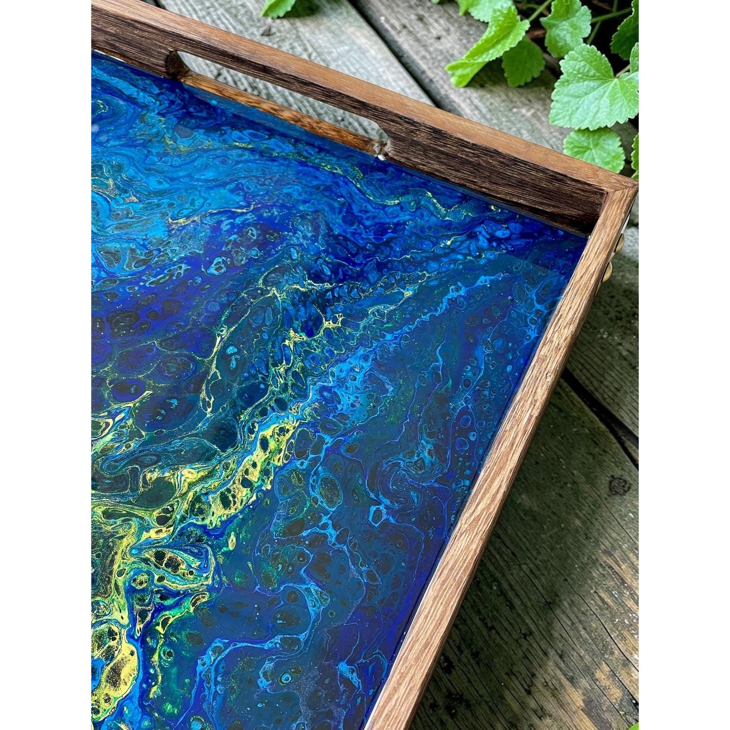 Blue Morpho Abysse Resin Serving Tray – Ocean Inspired Acrylic Pour Art – Handmade Wooden Tray – Celestial Blue Home Decor Luxury Resin Art