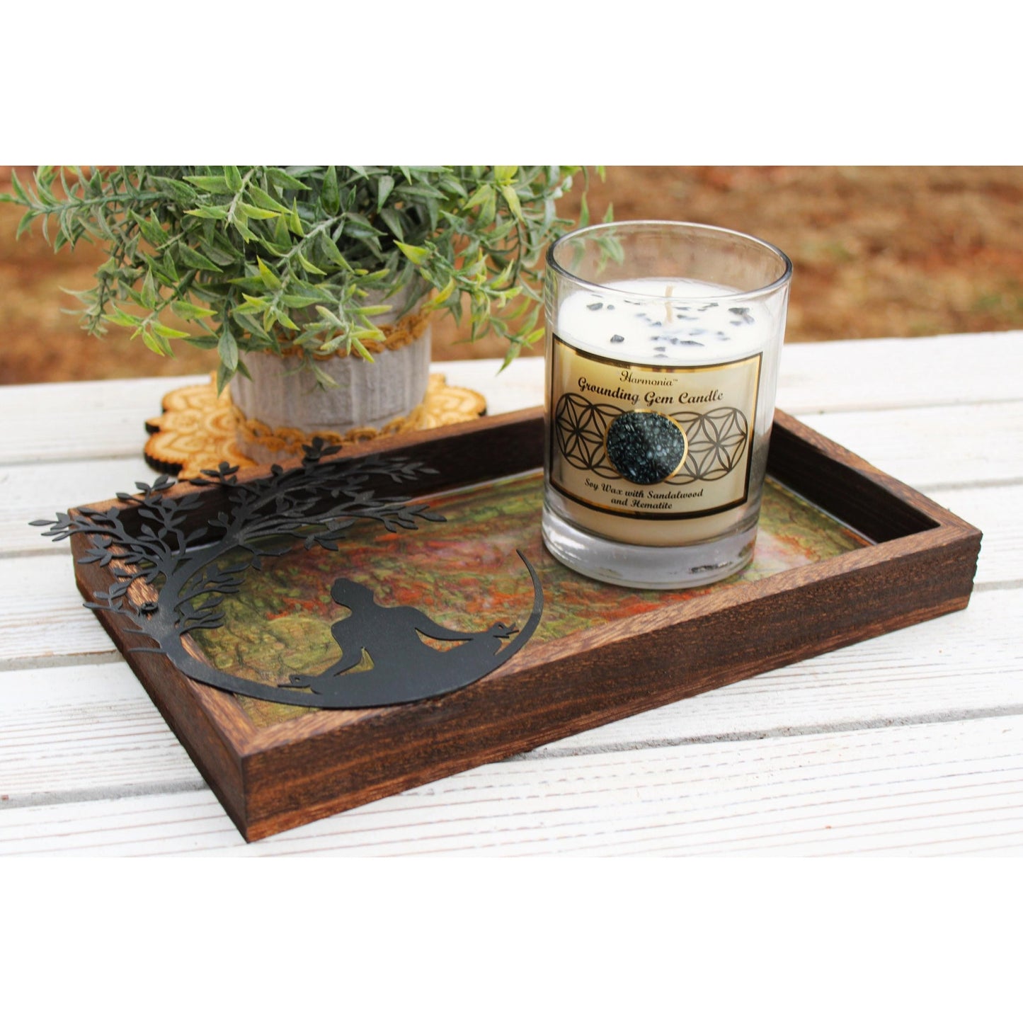 Meditation Altar Set • Resin Wood Tray with Gemstone Soy Candle •