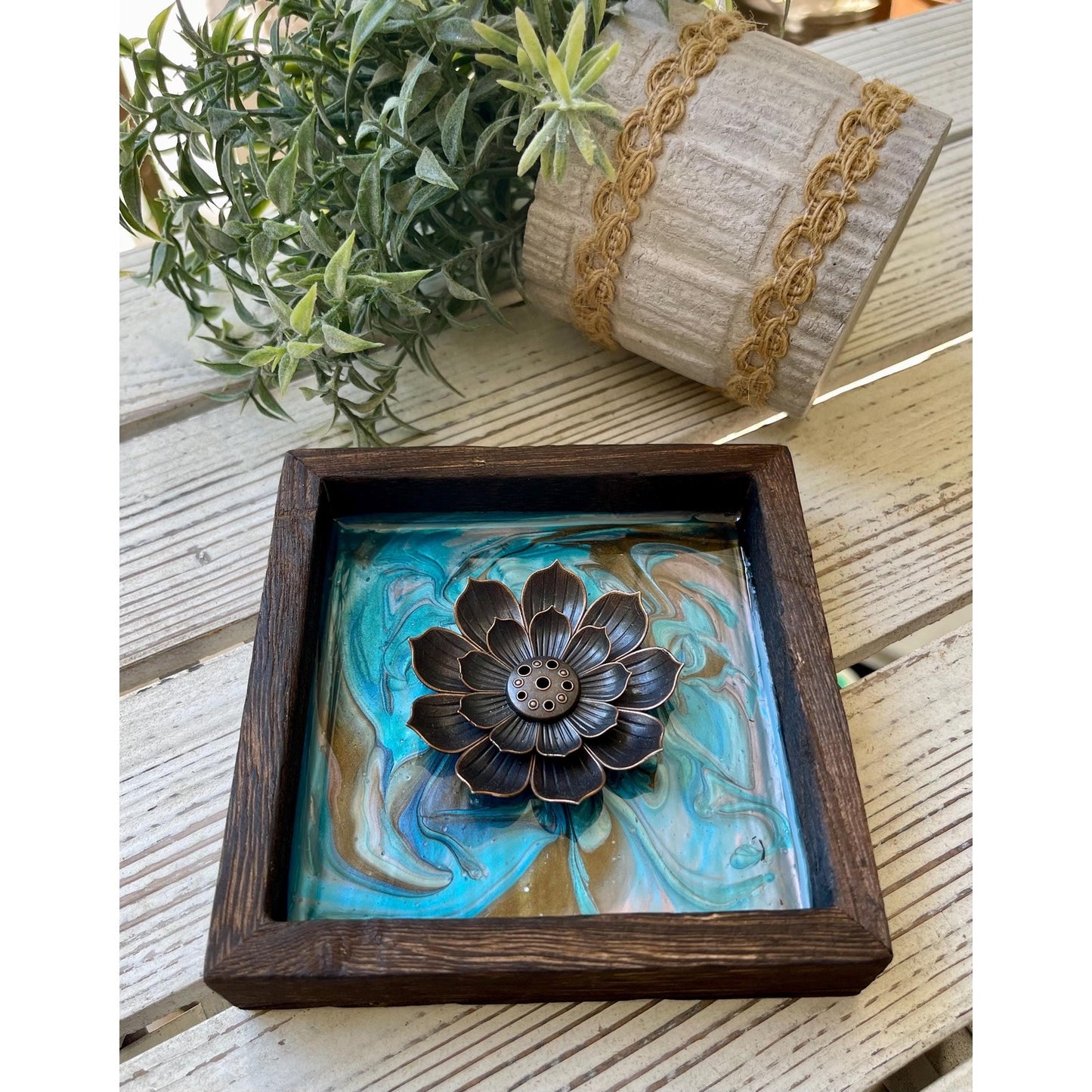 Lotus Incense Holder – Teal & Earth Tone Resin Art Tray – Wood Framed