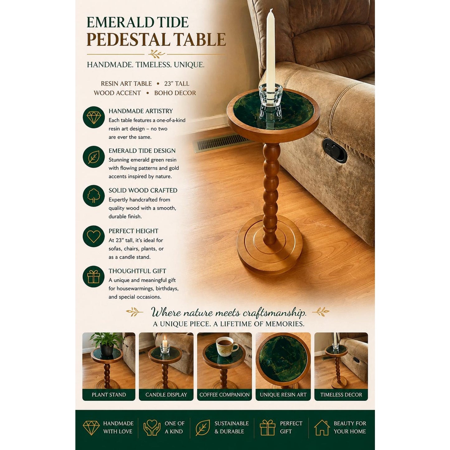 Emerald Tide Pedestal Table – Handmade Resin Art Side Table – 23” Tall Wood Accent Table – Green Abstract Pour – Boho Decor – Candle Stand