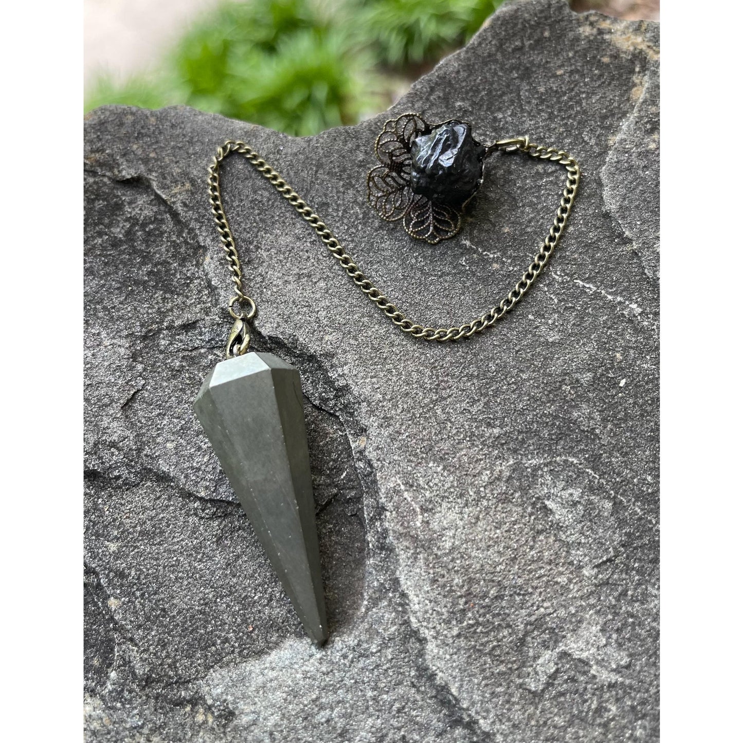 Designs by Imogen Art™ Luxury Collection – One-of-a-Kind Pyrite Pendulum with Rare Prophecy Stone Handle | Handmade Divination Tool