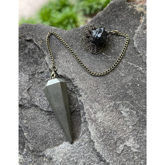 Designs by Imogen Art™ Luxury Collection – One-of-a-Kind Pyrite Pendulum with Rare Prophecy Stone Handle | Handmade Divination Tool