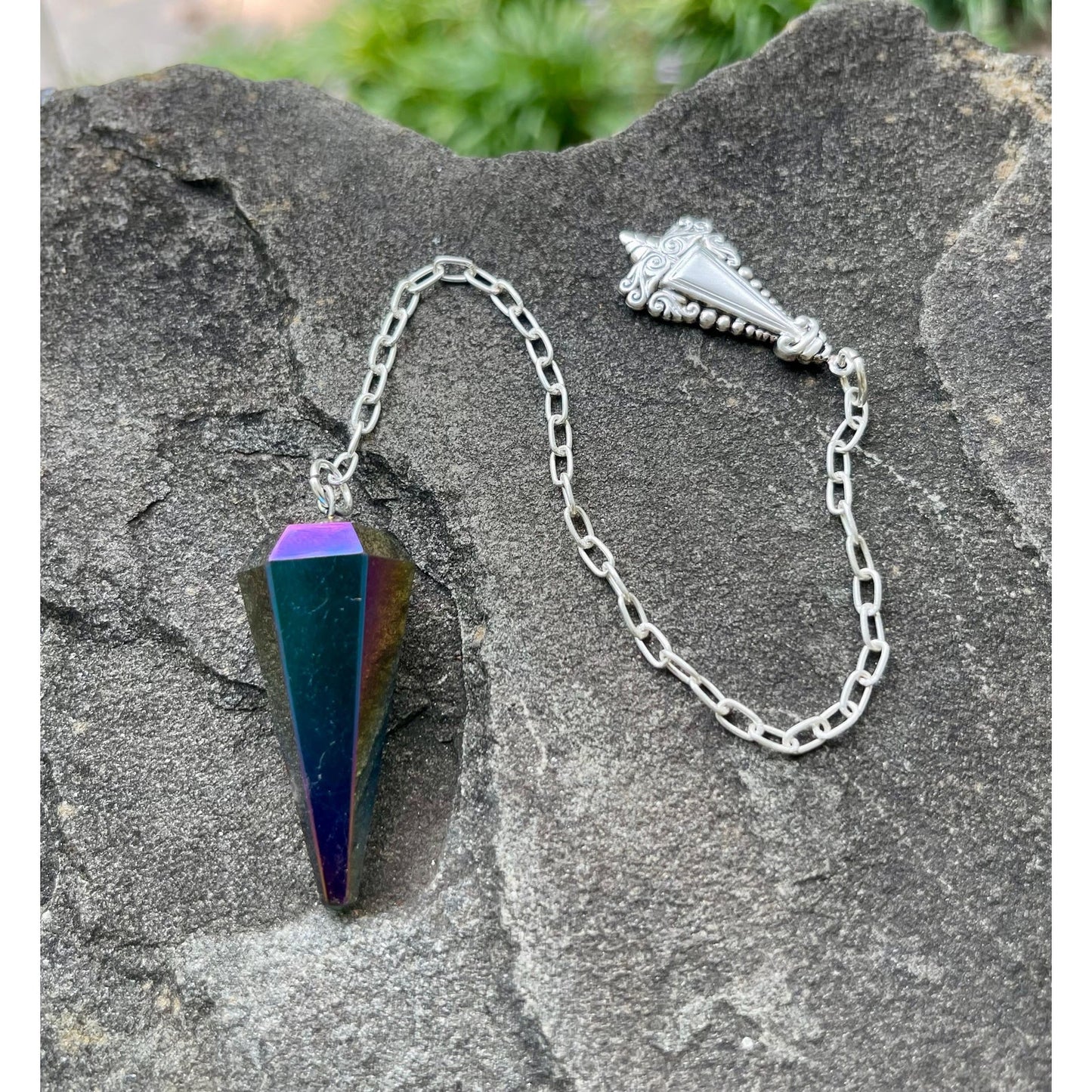 Luxury Titanium Aura Quartz Pendulum with Sterling Silver Handle & Chain | Rainbow Aura Crystal | Handcrafted Divination Tool | One of a Kin