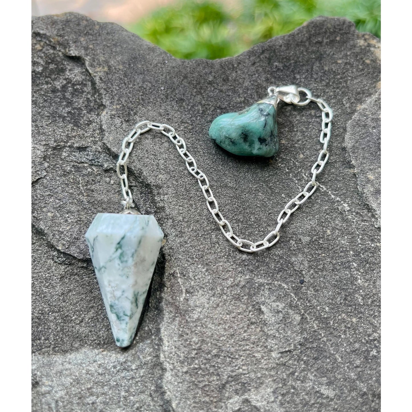 Luxury Tree Agate Pendulum with Raw Emerald Handle | Sterling Silver Chain | Crystal Divination Tool | Meditation & Spiritual Gift |