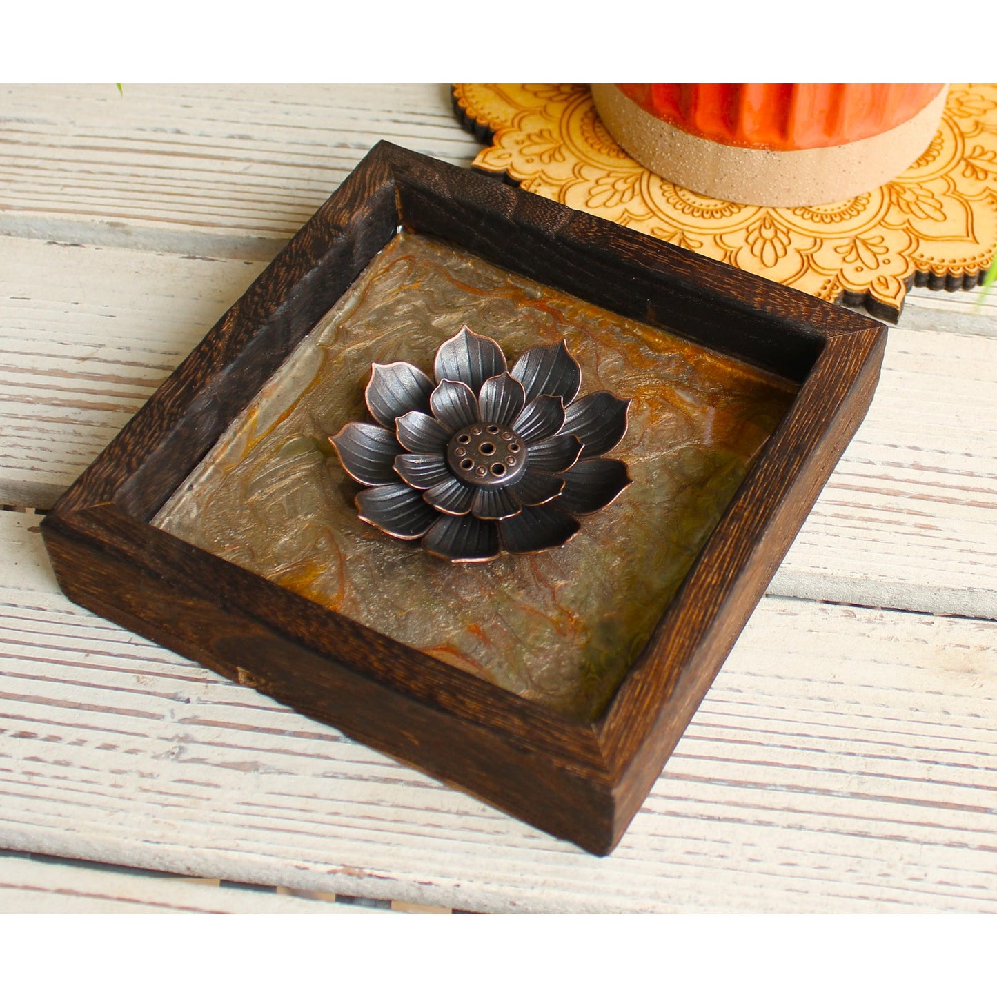 Lotus Incense Holder • Hand Painted Resin Art Tray •