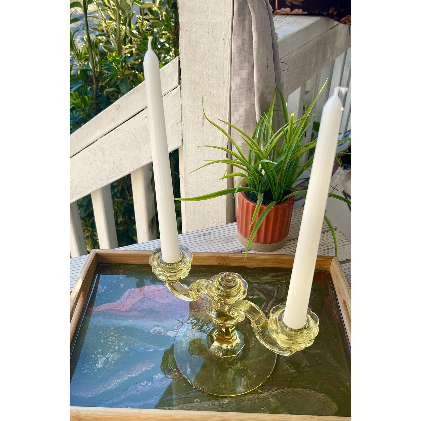 Earth Bloom Resin Tray • Green & Blush Acrylic Pour •