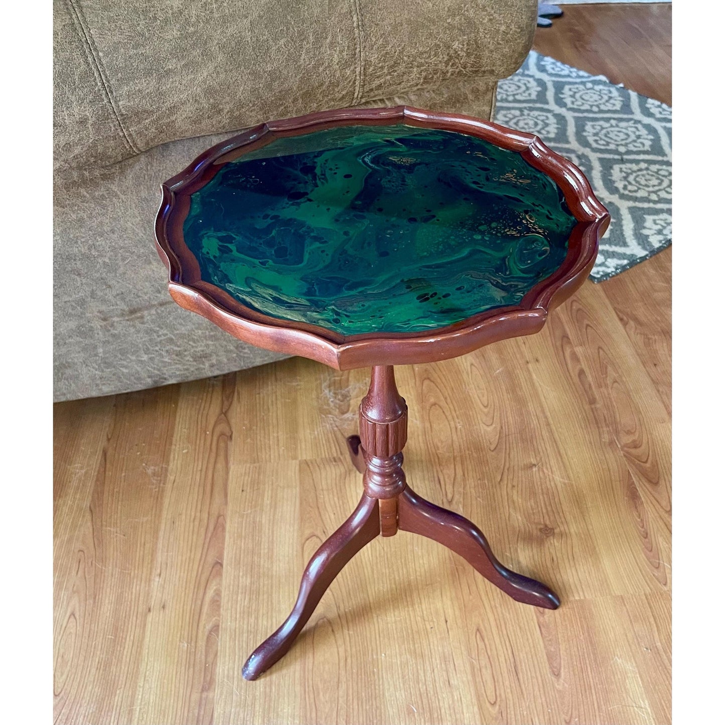 Vintage Resin Art Side Table – Emerald Tide Pour – Hand Painted Wood Table – One of a Kind Accent Table – Upcycled Furniture