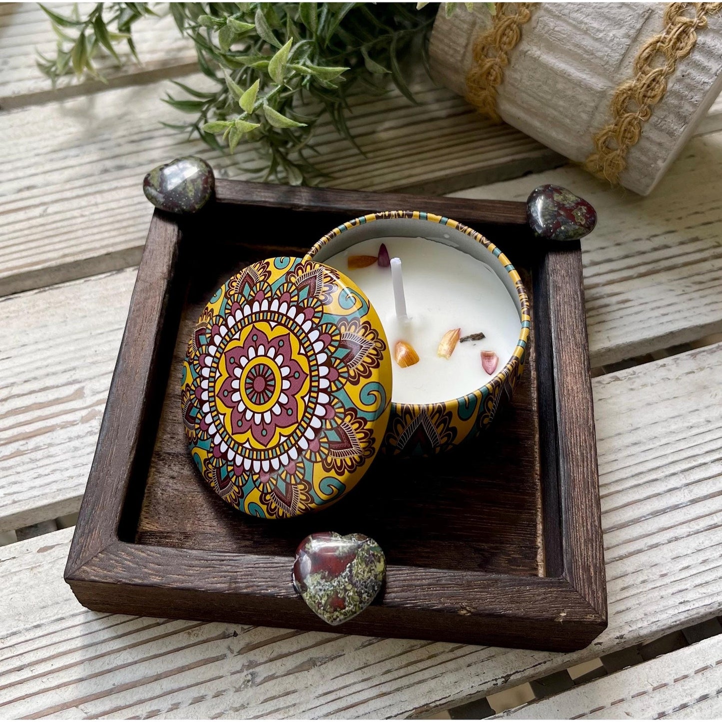 Bloodstone Heart Gift Set | Mini Tray with Soy Candle & Dried Flowers | Crystal Decor | Grounding Strength Gift | Spiritual Home Decor