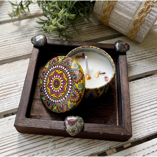 Bloodstone Heart Gift Set | Mini Tray with Soy Candle & Dried Flowers | Crystal Decor | Grounding Strength Gift | Spiritual Home Decor