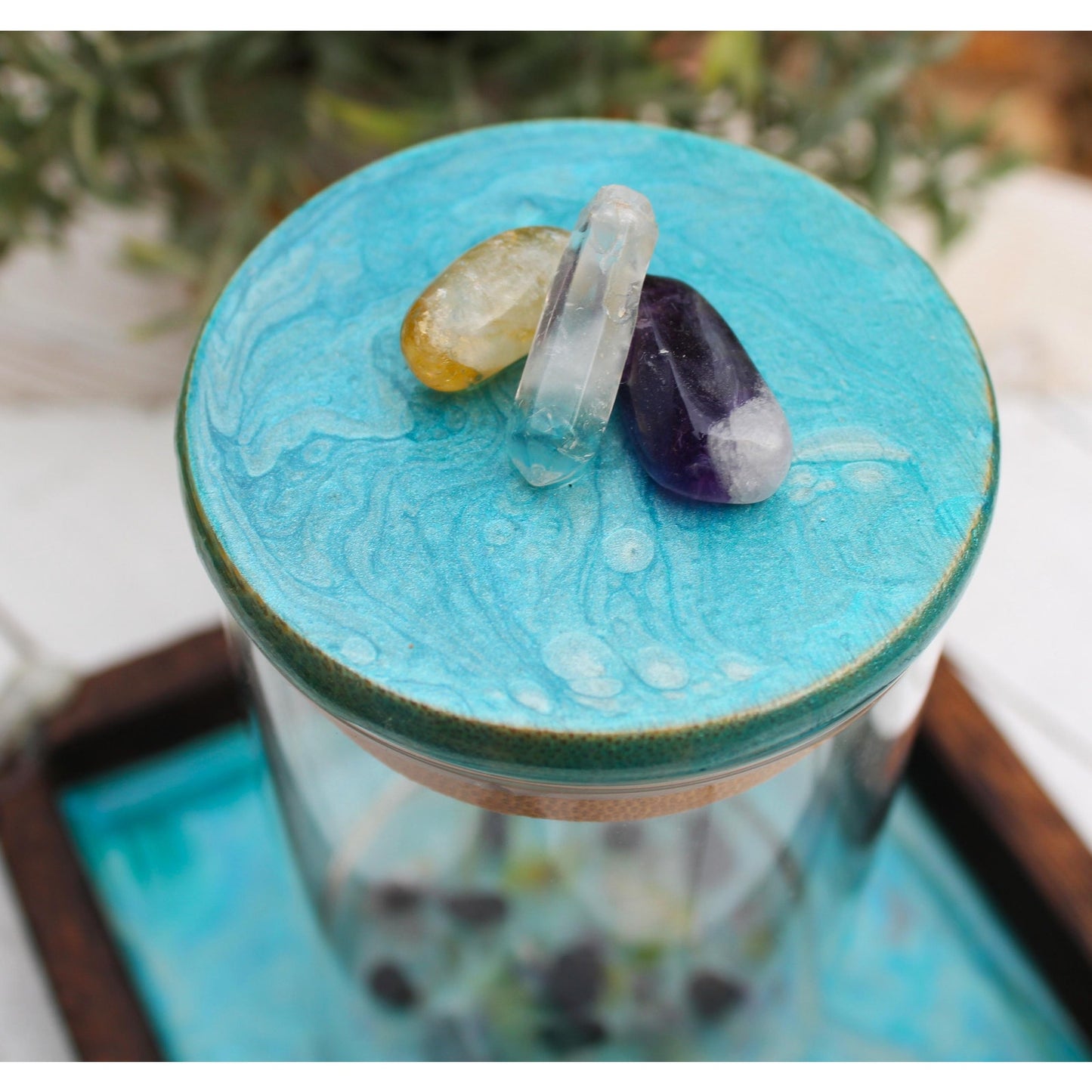 Manifestation Prayer Jar Set with Citrine, Amethyst & Clear Quartz – Hand Painted Tray – Crystal Intention Jar Spiritual Gift Energy Ritual