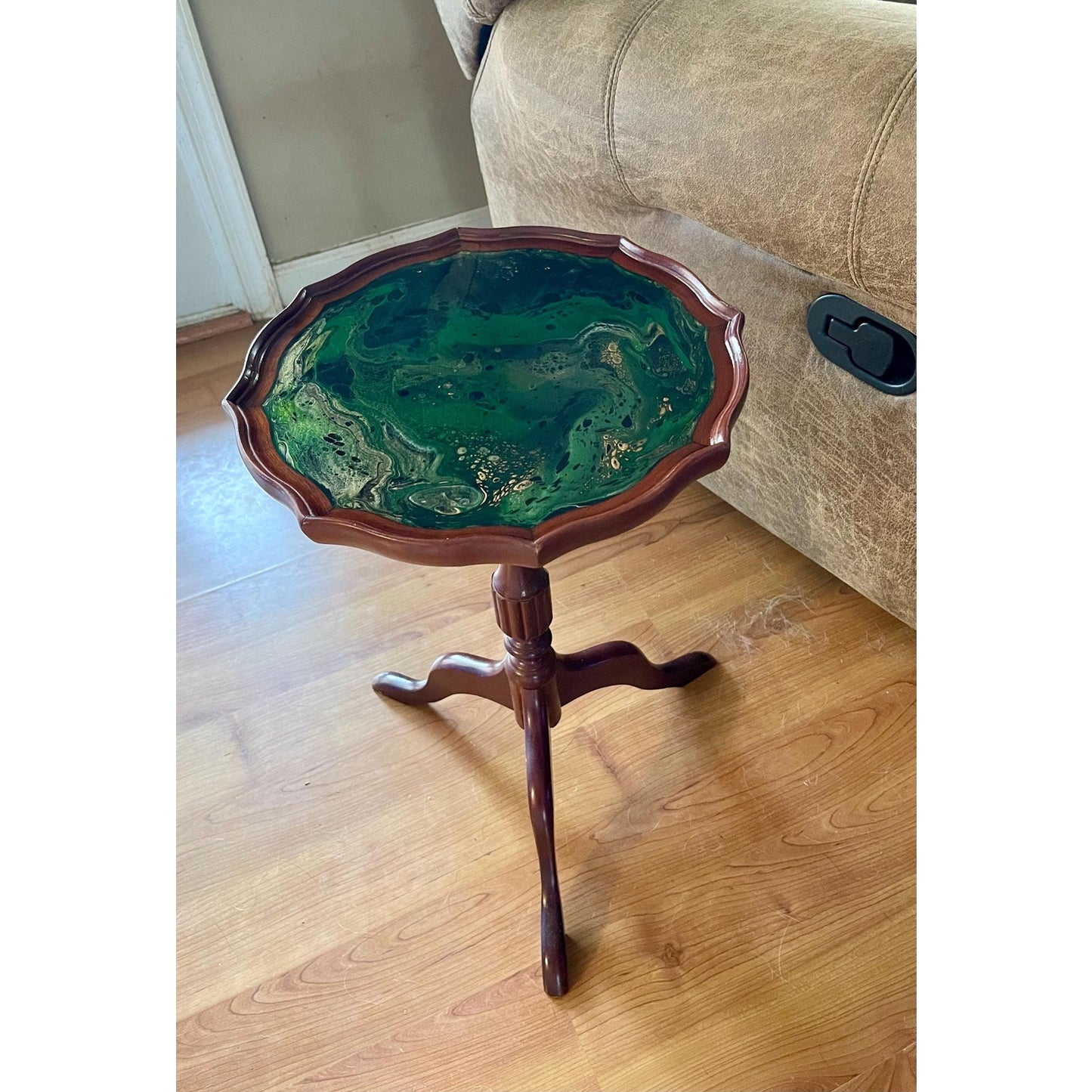 Vintage Resin Art Side Table – Emerald Tide Pour – Hand Painted Wood Table – One of a Kind Accent Table – Upcycled Furniture