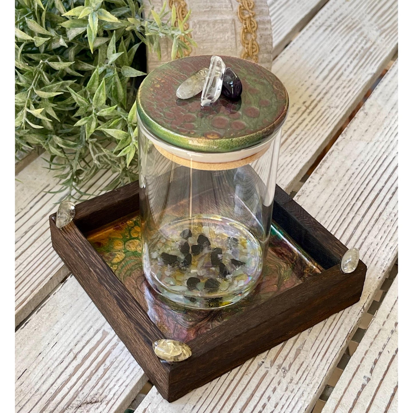 Manifestation Prayer Jar Set with Citrine, Amethyst & Clear Quartz – Hand Painted Tray – Crystal Intention Jar Spiritual Gift Energy Ritual