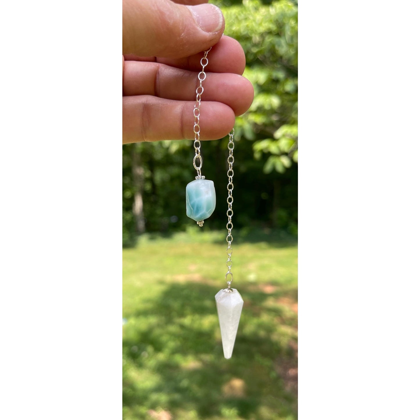 White Amazonite & Larimar Luxury Pendulum | Sterling Silver Chain