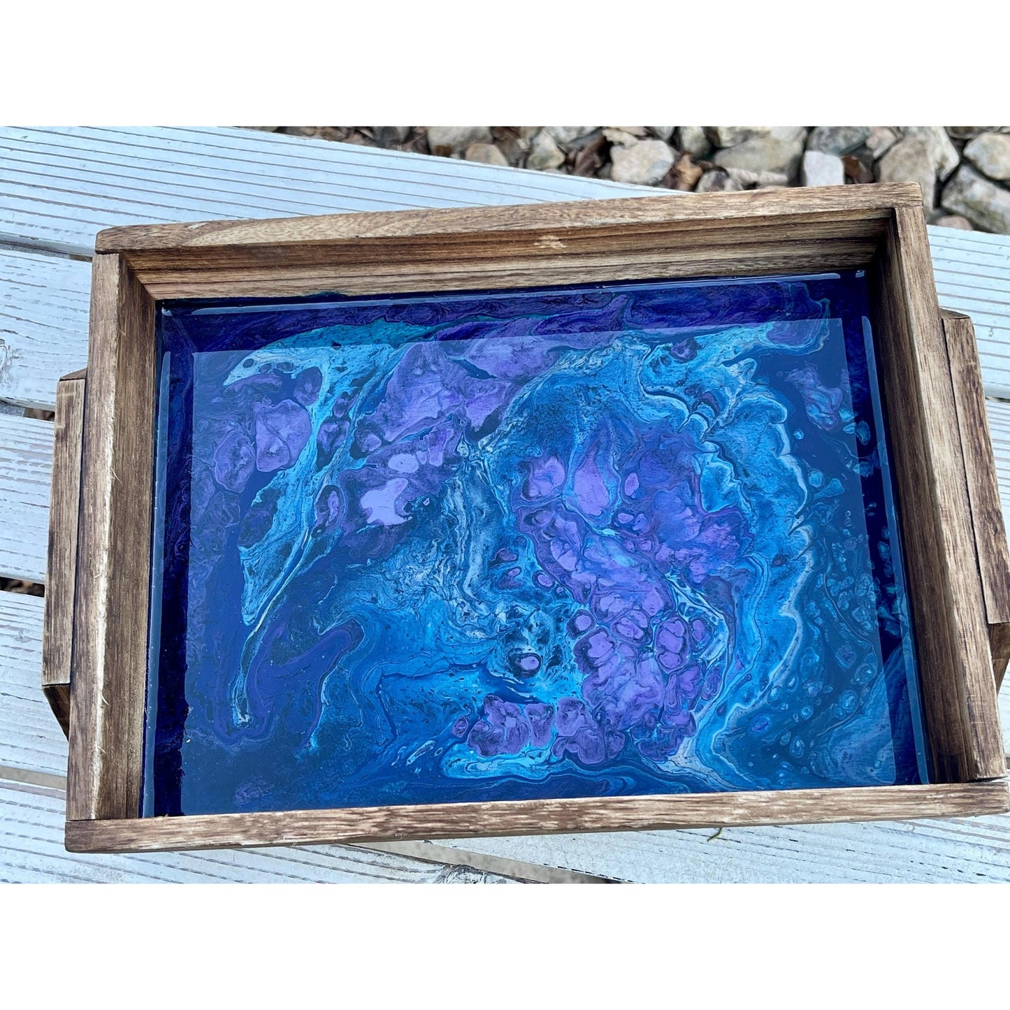 Midnight Tide Resin Art Tray • Blue & Violet Acrylic Pour •