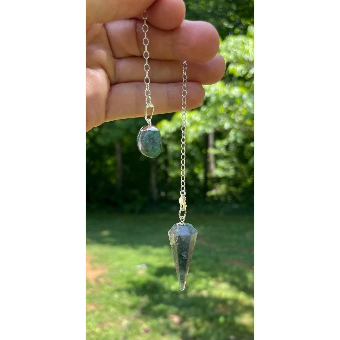 Moss Agate & Raw Emerald Sterling Silver Pendulum