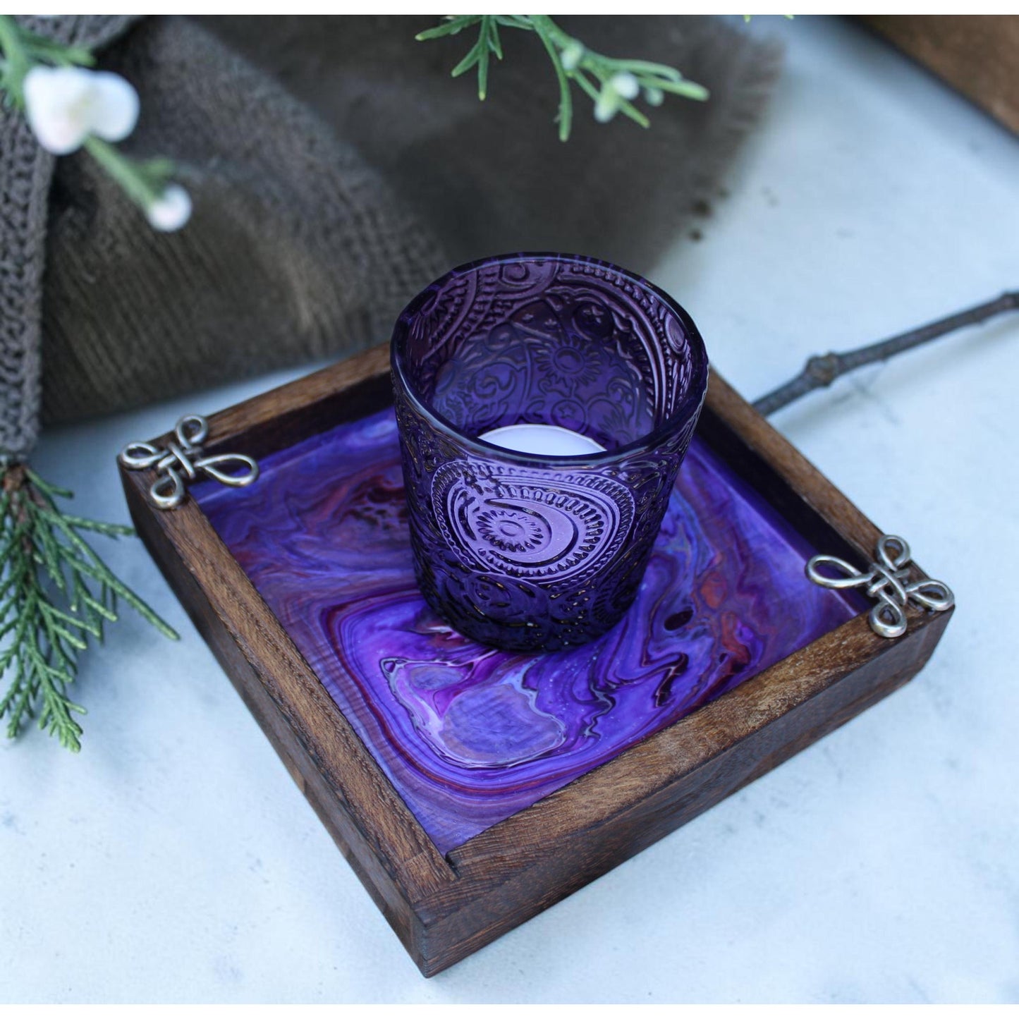 Candle Holder and Candle Celtic Harmony Hand Painted Wood