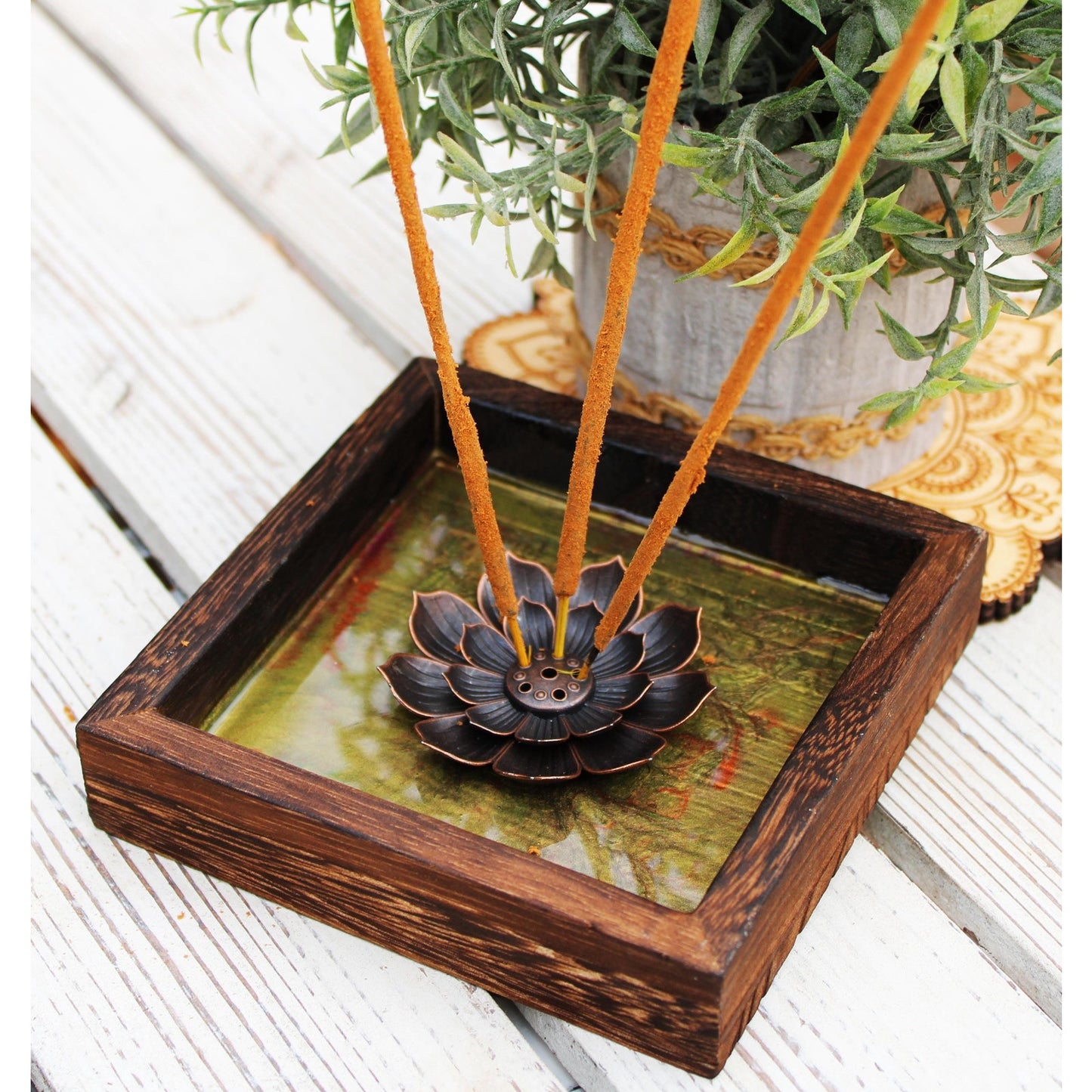 Hand Painted Lotus Incense Holder – Resin Sealed Acrylic Pour Art –