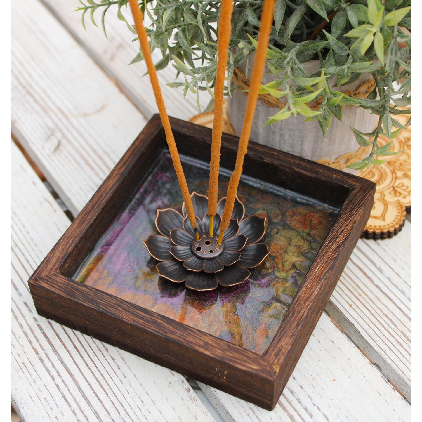 Hand Painted Lotus Incense Holder – Resin Sealed Acrylic Pour Art –